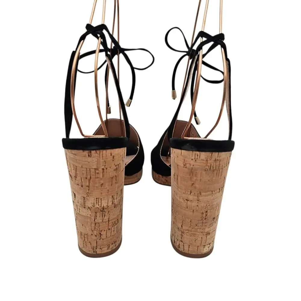 Valentino Garavani Cork Ankle Tie Heel Plaform Sandal Black Suede Size 39 US 9